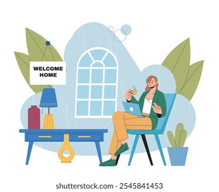 Bem-vinda mulher de casa. Menina com laptop e caneca de chá quente ou café senta-se na cadeira no apartamento. Conforto e conforto em casa. Ilustração de vetor plano isolada no plano de fundo branco