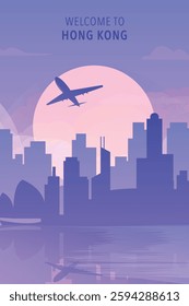 Welcome to Hong Kong. Gradient city poster, card with shapes of skyline, waterfront and airplane. China travel vector illustration, print, graphic