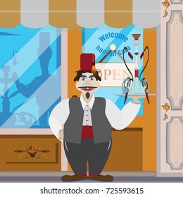 Welcome to hookah cafe, lounge vector illustration. Turk with hookah in flat style.