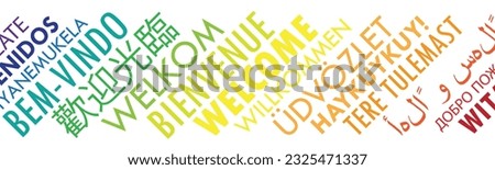 WELCOME horizontal colorful vector word cloud with translations into multiple languages