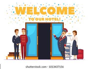 Welcome to hotel cartoon poster with hospitable hotel staff near open doors vector illustration