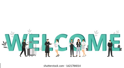 Welcome to hotel flat color vector illustration. Hospitality business, accommodation service. Hall porter, doorman, resort manager. Working staff isolated cartoon characters on white