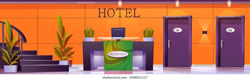 Welcome hotel reception desk in office lobby interior illustration. Receptionist desk service in business hall vector background. Entrance door to room near stars. Contemporary hostel corridor design