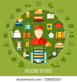 Welcome to hotel round set with flat icons imaging transfer accommodation and restaurant services vector illustration
