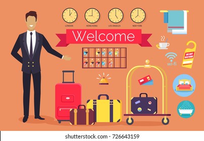 Welcome hotel service, administrator greeting clients, icons of bed, bath and towels, clock showing time in different cities vector illustration