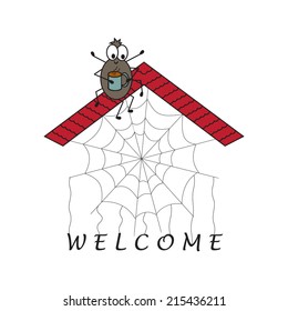 Welcome. House Spider web. Funny cute spider