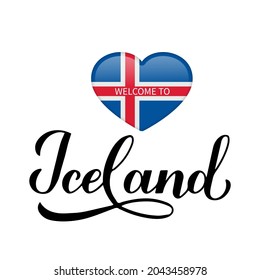 Welcome to Iceland calligraphy hand lettering with national flag in heart shape isolated on white background. Vector template for typography poster, postcard, banner, flyer, sticker, t-shirt, etc. 