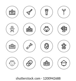 Welcome icon set. collection of 16 outline welcome icons with baby girl, baby, balalaika, kasa, open, opener icons.