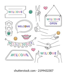 Welcome Icon Set Hands, Welcome Flags, Heart, Handshake, Smile, Smiley, Speech Bubble, Traffic Light, Sign On The Door, Door Mat, Gesture Peace, Green Light, Ticket. Editable Line And Spot.