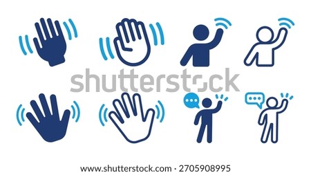 Welcome icon set, hello, hey, greeting and bye vector with hand symbol illustration.