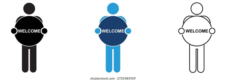 Welcome icon. Simple flat and outline vector icons showing waving hands and people greeting, used for hello, welcome, communication, and user interaction concepts.