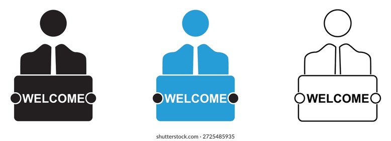 Welcome icon. Simple flat and outline vector icons showing waving hands and people greeting, used for hello, welcome, communication, and user interaction concepts.