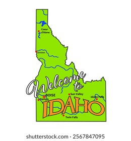 Welcome to Idaho. A green map of the state with rivers and big cities. welcome inscription on the colored silhouette of the state territory