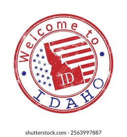 Welcome to Idaho. A worn stamp with a silhouette of the state and an abbreviated designation. Print impression, a template for creative design