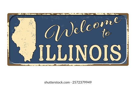 Welcome to Illinois. A worn blue plaque with the name and outline of the state. Welcome inscription on the road sign