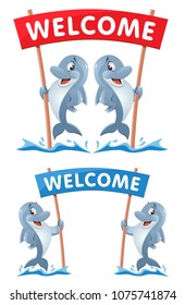 Welcome! Illustration with funny dolphins. Cartoon styled vector illustration. Elements is grouped. No transparent objects. 