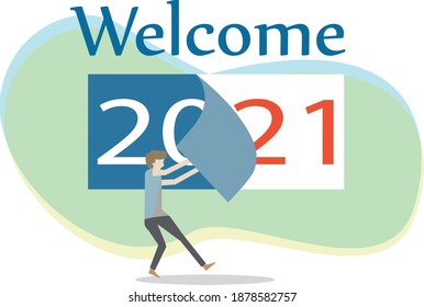 Welcome Illustration man tear a big board a year
