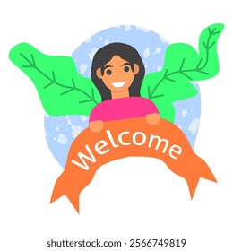 Welcome illustration set featuring cheerful people holding banners and signs in vibrant flat design. Perfect for invitations, greetings, or event promotions. Vector and editable