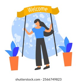 Welcome illustration set featuring cheerful people holding banners and signs in vibrant flat design. Perfect for invitations, greetings, or event promotions. Vector and editable