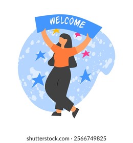 Welcome illustration set featuring cheerful people holding banners and signs in vibrant flat design. Perfect for invitations, greetings, or event promotions. Vector and editable