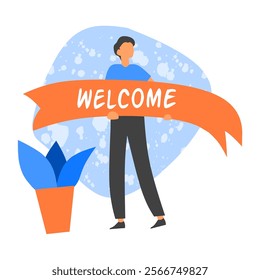 Welcome illustration set featuring cheerful people holding banners and signs in vibrant flat design. Perfect for invitations, greetings, or event promotions. Vector and editable