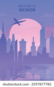 Welcome to Incheon, South Korea. Gradient city poster, card with shapes of skyline, waterfront and airplane. Asia megacity travel vector illustration, print, graphic