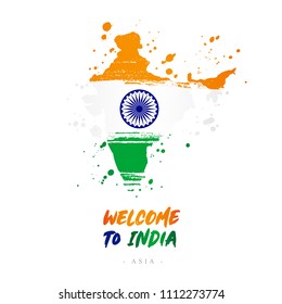 Welcome to India. Asia. Flag and map of the country of India from brush strokes.
Lettering. Vector illustration on white background.