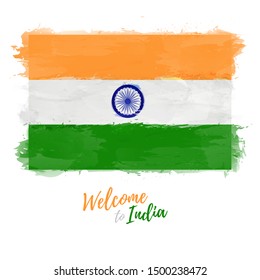 Welcome to India banner. National flag Republic of India in watercolor style design. Indian symbol and print. Vector illustration.