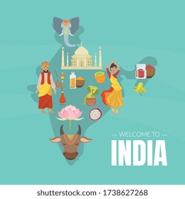 Welcome to India Banner Template with Indian Map and Traditional Cultural Symbols Vector Illustration