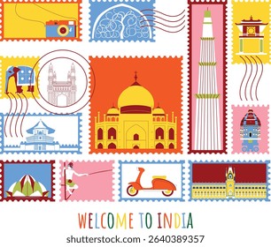 Welcome to India branding technology concept. Collection of flat vector web icons. Post stamp culture travel set, famous architectures, specialties detailed silhouette. Indian famous landmark