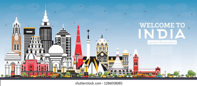 Welcome to India City Skyline with Color Buildings and Blue Sky. Delhi. Mumbai, Bangalore, Chennai. Vector Illustration. Tourism Concept with Historic Architecture. India Cityscape with Landmarks. 