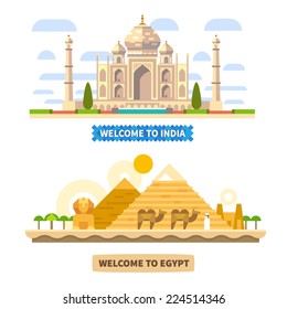 Welcome to India and Egypt. Temple and Pyramids. Vector Flat landscapes illustrations