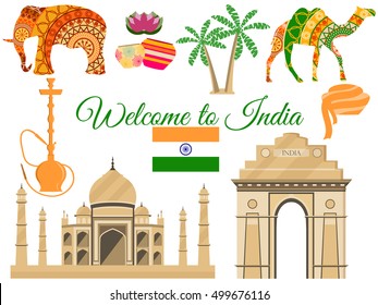Welcome to India, India's traditional symbols, icons attractions. Vector illustration.