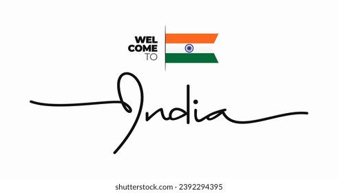 Welcome to India modern calligraphic text. handwritten with flag isolated on white background. Word lettering style, script, line drawing, signature, calligraphy, monoline. Vector Illustration