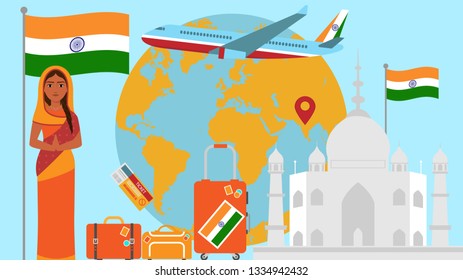 Welcome to India postcard. Travel and safari concept of Asia world map vector illustration with national flag