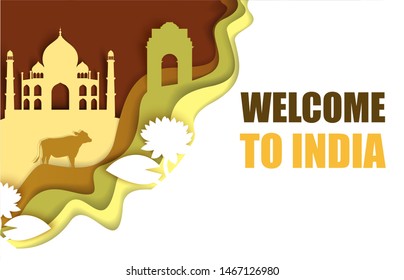 Welcome to India poster template, vector illustration in paper art style. Taj Mahal, India Gate, Lotus Temple world famous landmarks, cow, lotus flowers composition for web banner, website page etc. Vector de stock