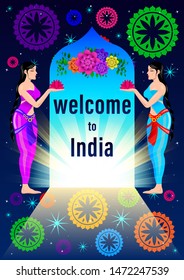 Welcome to India poster. two young Indian women in national dress Sari meet at the arch with flowers against the starry sky and the sun. Vector Illustration.