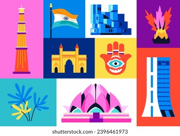 Welcome to India - set of flat design style illustrations. Colored images of Qutab Minar, Hamsa hand, Lotus Temple, Lal Qila or Red Fort ancient gates, skyscraper, national flag and exotic plants