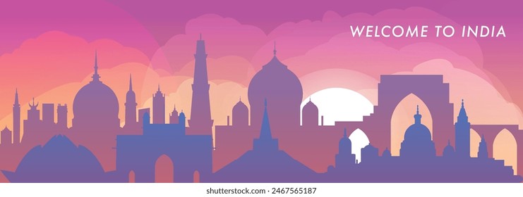 Welcome to India skyline with cities panorama, gradient vector banner. Colorful Delhi, Mumbai, Bangalore, Kolkata, Chennai, Hyderabad silhouette for footer, steamer, header, horizontal graphic