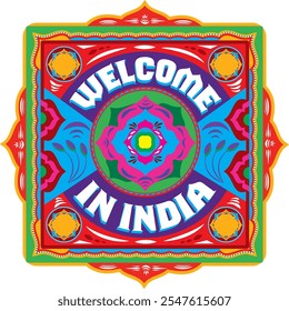 "Welcome to India" text hand-painted in authentic Indian truck art style, featuring vibrant colors and intricate decorative typography. Perfect for cultural, travel, and artistic design projects.