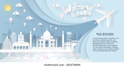 Bienvenido a India en concepto de turismo. Ilustración vectorial en el fondo azul de los famosos monumentos.