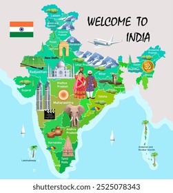 Bienvenidos a la India. Mapa turístico de India. Atracciones indias. Ilustración de Arte vectorial