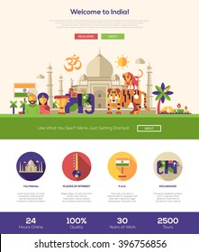 Welcome to India travel one page website template layout with header, banner, icons and other flat design web elements, famous Indian symbols