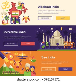 Welcome to India travel website flat design headers, banners set with famous Indian symbols 