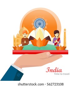 Welcome to India. Travelling banner on outstretched hand. Landscape with Indian landmarks. Nature and indians. Lotus. Temple and flower. Buddhism. Part of series of travelling around world. Vector