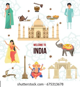 Welcome to India. Worldwide air traveling, time to travel, discover historical architecture concept, eating, drinks, culture, tradition. Landmark India. Illustration isolated in cartoon style.