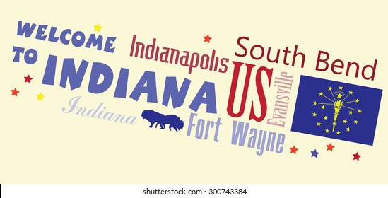 Welcome to Indiana - Abstract banner with the main cities of the state. Vector illustration.