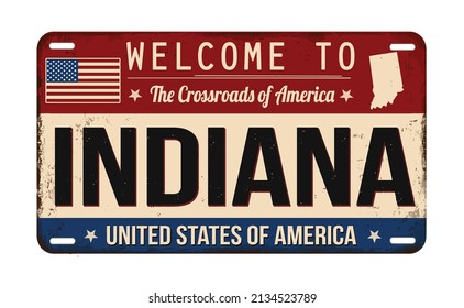 Welcome to Indiana vintage rusty license plate on a white background, vector illustration