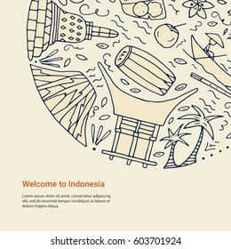 Welcome to Indonesia concept. Hand drawn icons included volcano, temple, indonesian man, musical instrument, food. Vector illustration.