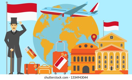Welcome to Indonesia postcard. Travel and safari concept of Europe world map vector illustration with national flag
